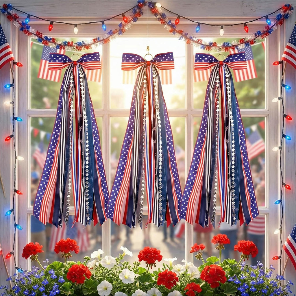 YKW Patriotic Wreath Sash - 27.5" Red, White & Blue Ribbon Bundle with Star Charm | 4th of July Decor