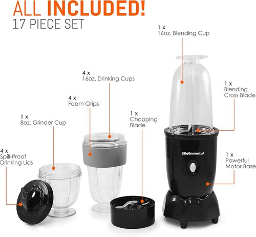Elite Gourmet 17-Piece Personal Drink Mixer Blender - 16 Oz Capacity with Chopping Blade & Lids