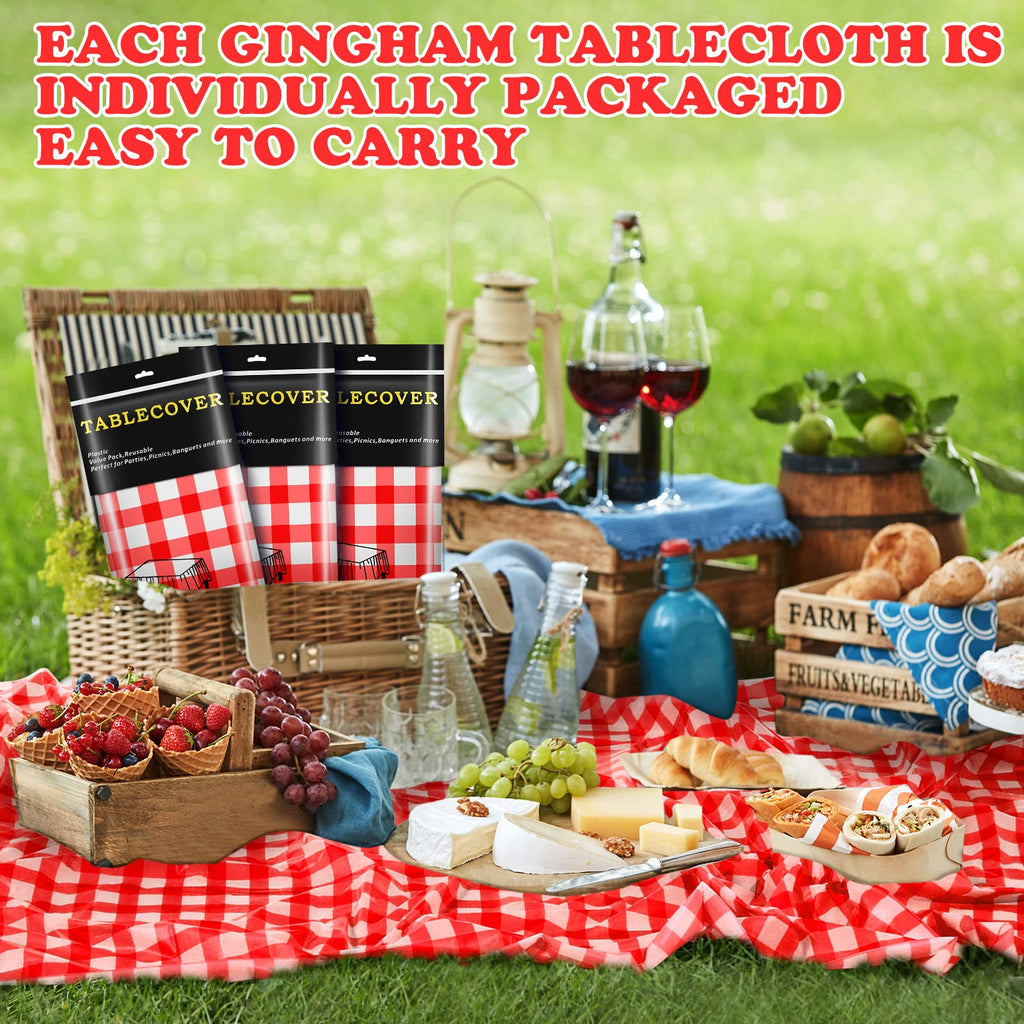 12 Pieces Plastic Checkered Tablecloth Gingham Tablecloth Rectangle Disposable Plaid Table Cloth 54 x 108 Inch 8 Foot Waterproof Picnic Table Covers for Barbecue Holiday Birthday Party(Red Checkered)