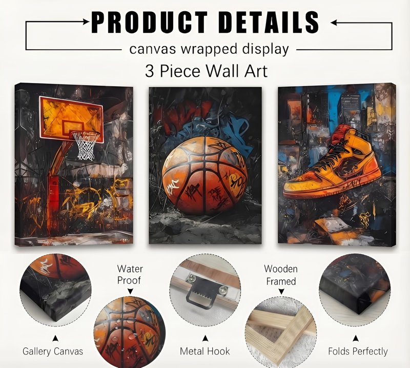 3pcs Graffiti Basketball Canvas Wall Art Basketball Court Sneakers Pictures Wall Decor Retro Abstract Graffiti Teen Posters Prints for Teen Boys Living Room Bedroom Decoration Ready To Hang