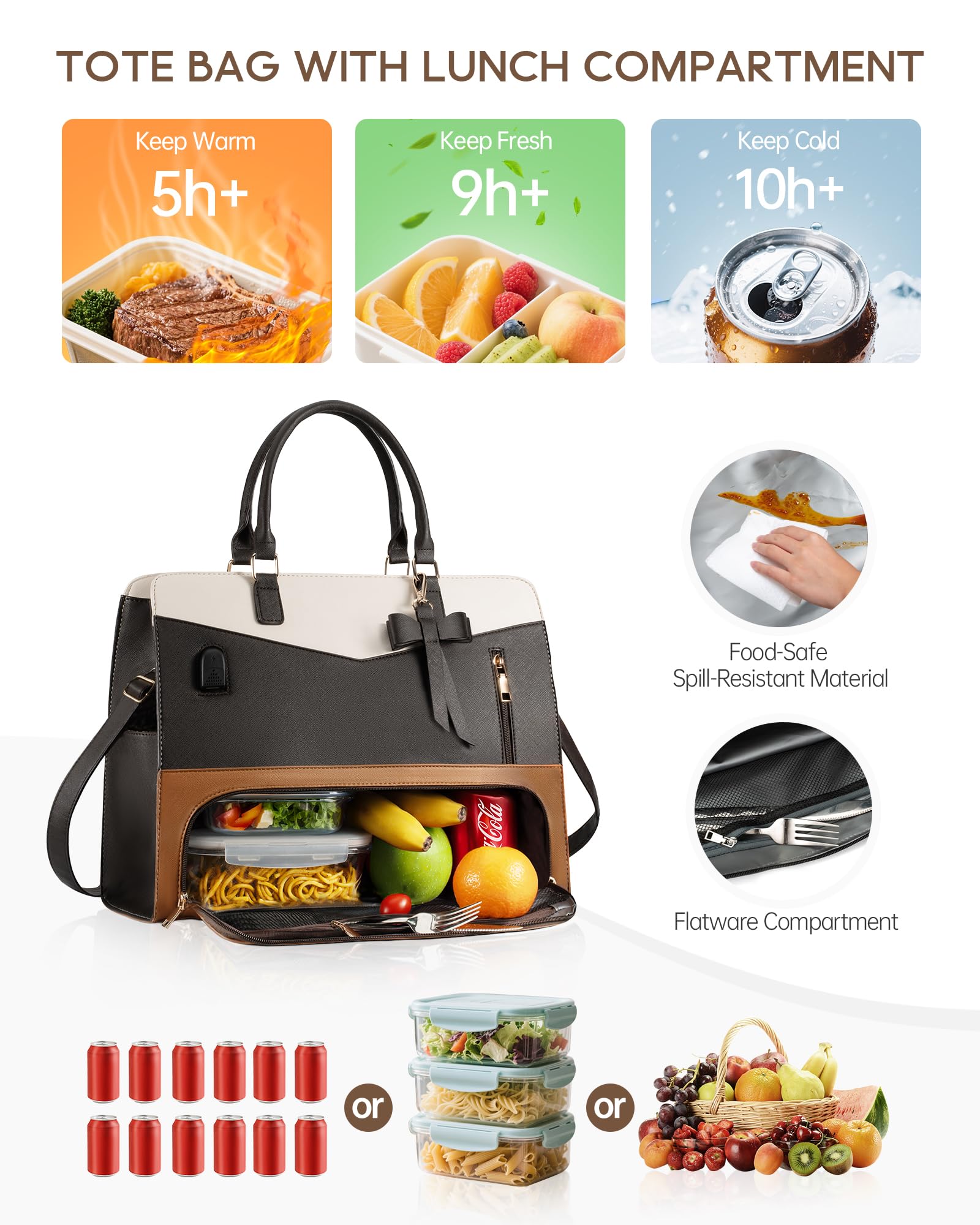 Tiostep Lunch Tote Bag for Women 2 in 1 Laptop Work Bag with Lunch Insulated Compartment and Purse Combo Waterproof PU Leather 15.6 Inch Computer Shoulder Bag for Daily, Office, Picnic. Mix Color