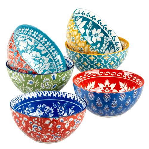 Panache 4.75" All Purpose 13 oz. Porcelain Bowls, Set of 6 – Vibrant Mix & Match Global-Inspired Designs – Dishwasher & Microwave Safe for Snacks, Sides, Dips, Condiments, and Desserts
