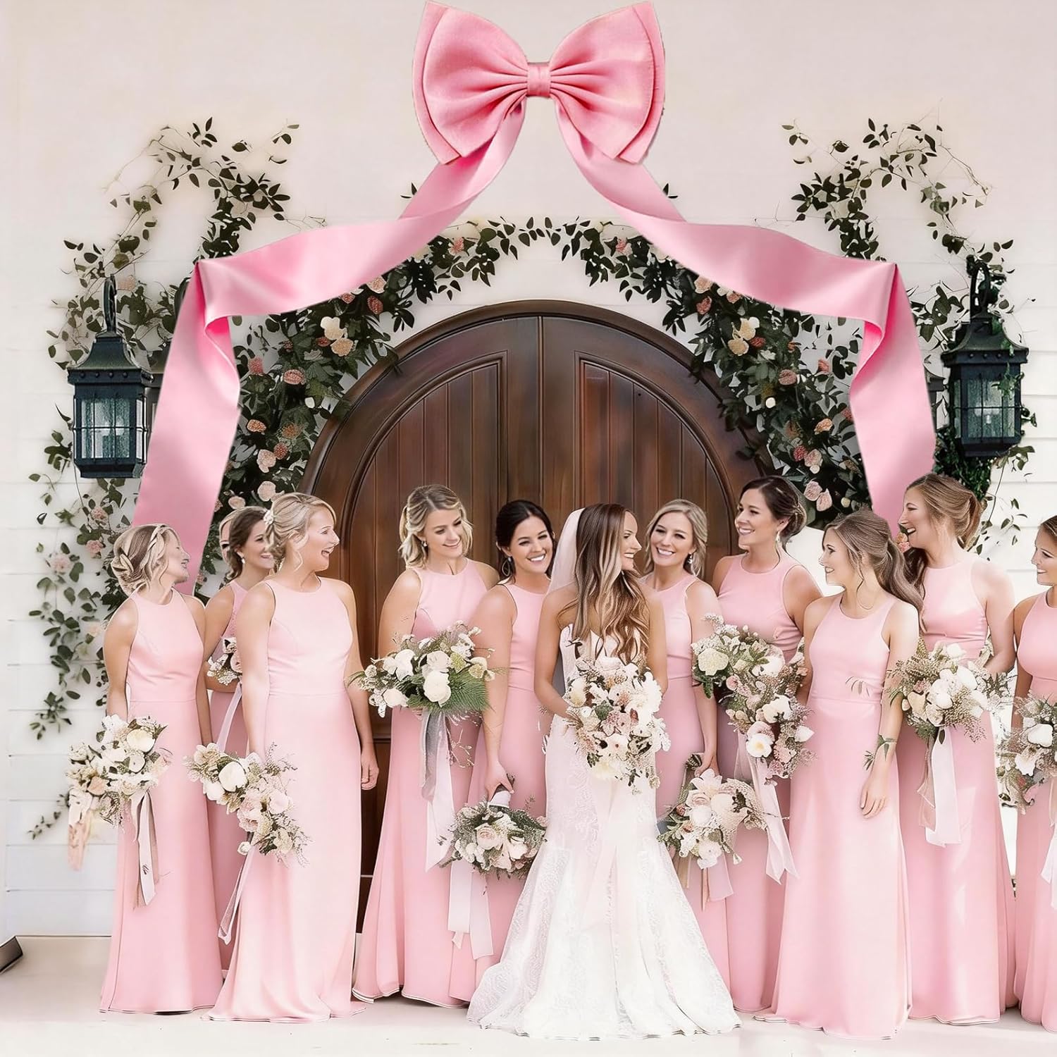 Vovoir Giant Bow Decoration - 75x18 Inch Pink Satin Bow with 10 Ribbon Bows for Weddings & Parties