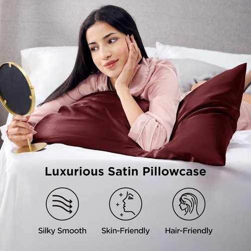 Bedsure Satin Pillowcase - Luxurious Burgundy Silk for Hair & Skin | 20x26 Inches, 2-Pack with Envelope Closure