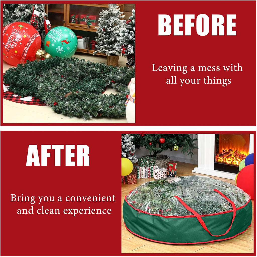 Abbylike Christmas Wreath Storage Bag - Extra Large 48'' Clear Container with Zipper & Handles | Green 600D Oxford