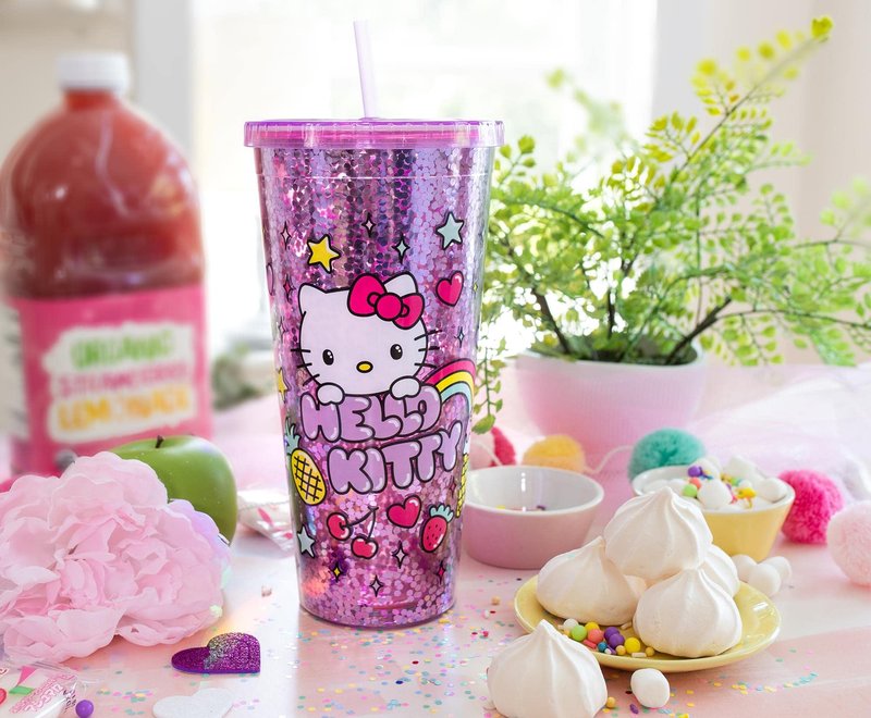 Silver Buffalo Sanrio Hello Kitty Rainbow Confetti Carnival Cup with Lid and Straw | 32 Ounces