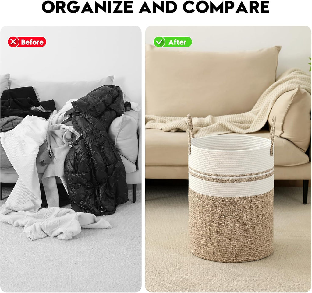 Skiennix Laundry Basket Hamper - Tall Woven Rope Storage for Blankets & Toys | 60L, Brown & White