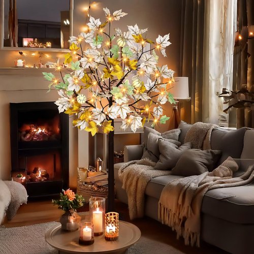 2 Pack Thanksgiving Artificial Lighted Maple Tree, 4 Ft Prelit Fall Decor Maple Tree with 56 LED 3 Foam Pumpkins Plug in Indoor Outdoor Autumn Fall Thanksgiving Decorations