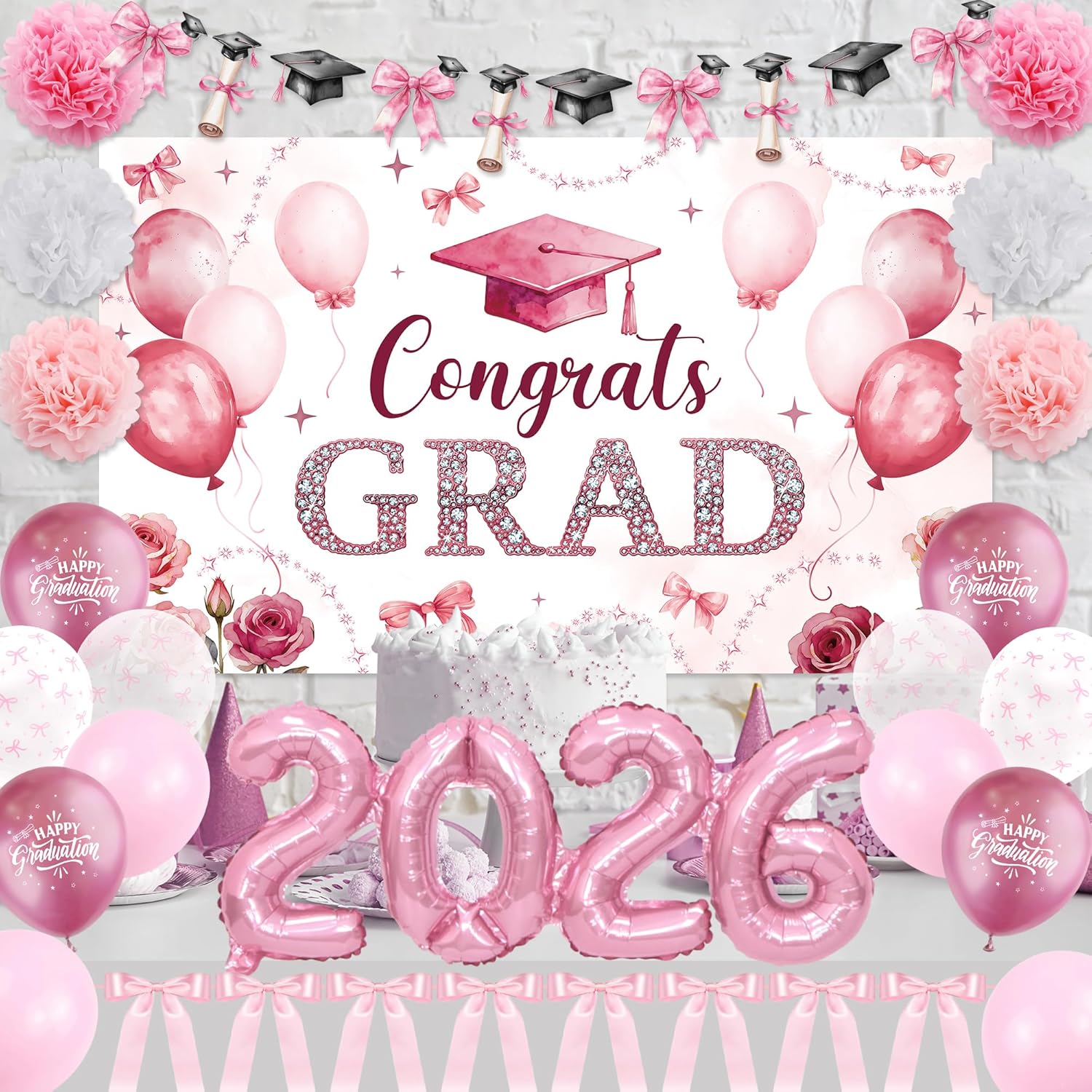 Pink Bow Graduation Decorations - 2026 Grad Banner & Garland | 22PCS Party Supplies