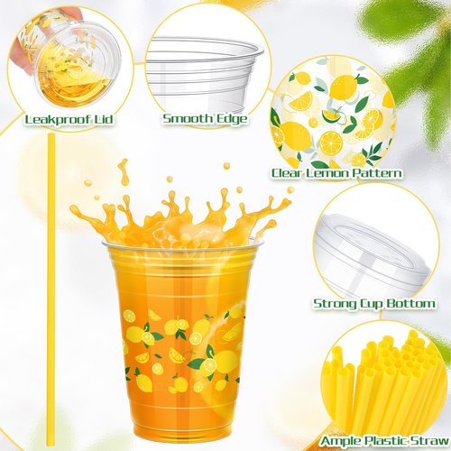 Kochorie 300 Pieces Lemon Plastic Disposable Cups with Lids and Straws 16 Ounce Lemon Hawaiian Luau Party Plastic Cups Clear Summer Tropical Party Cups Fruit Cold Cups for Lemonade Juice Water