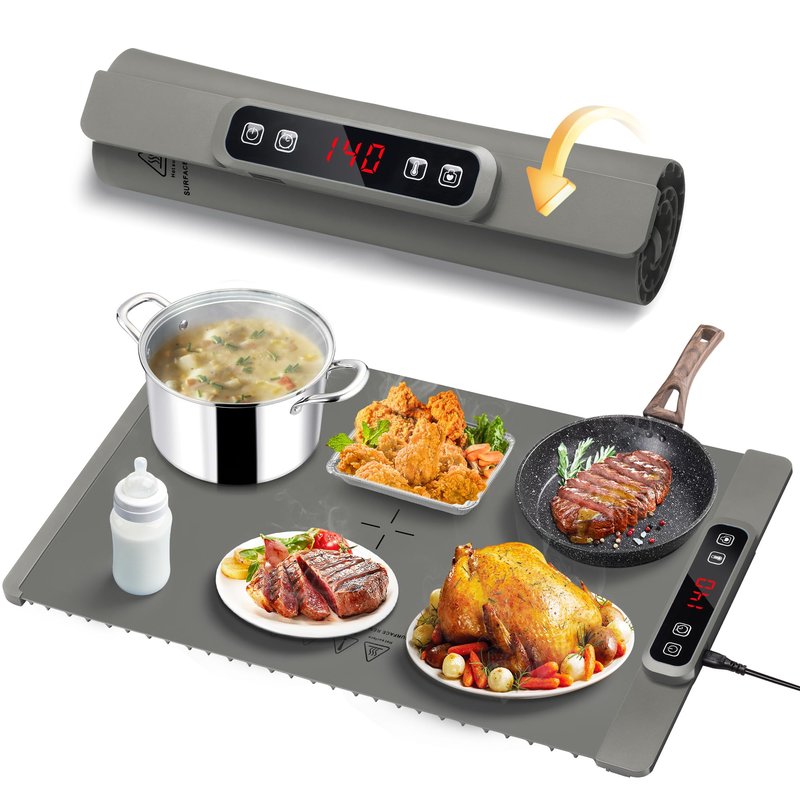AIBOKEE Food Warming Mat, Silicone Electric Warming Tray, 5 Temperature Levels, 4 Hour Timer, Child Safety Lock, Gray