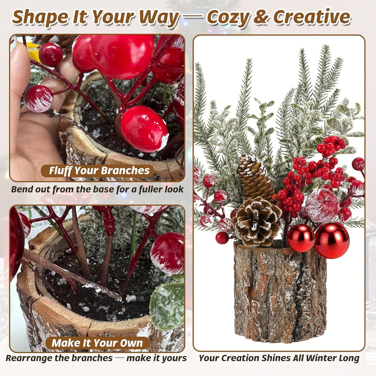 Regine Switzerland Christmas Table Centerpiece - Rustic Pinecones & Red Berries | 2-Piece Holiday Decor Set