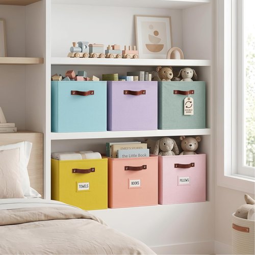 DECOMOMO Storage Bins - Colorful Fabric Cube Storage Bins with Labels | 10.5" x 11" | Set of 6