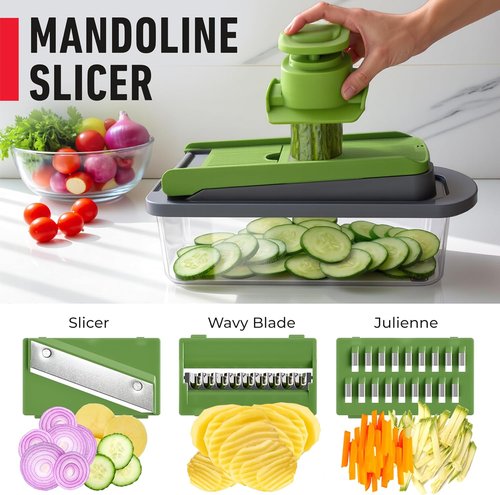 Mueller Pro-Series 10-in-1 Vegetable Chopper - 8 Blades for Dicing, Slicing & Mincing | Gray/Green