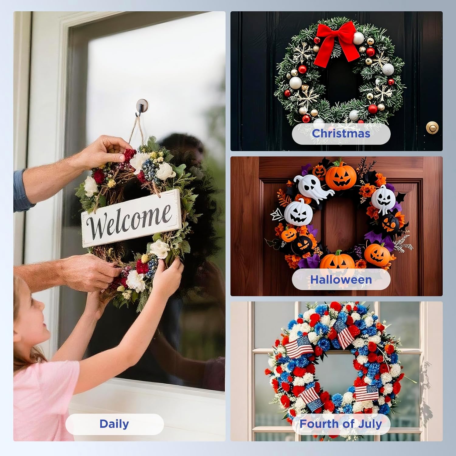 OUTXE Wreath Hanger - Upgraded Suction Cup Hook for Front Door & Glass Window | 4-Pack (Walnut)