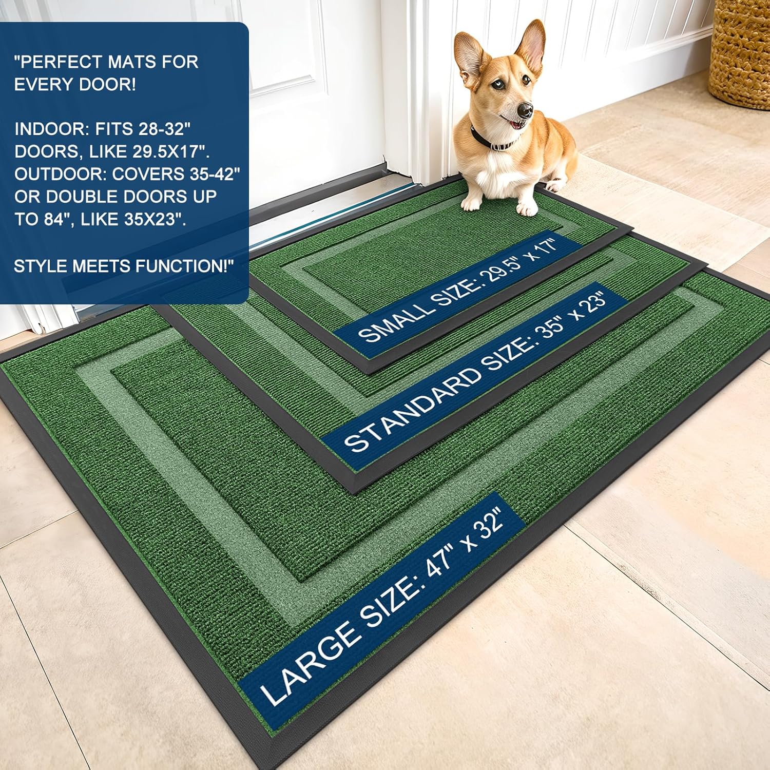 OLANLY Waterproof Front Door Mat - All-Season Indoor/Outdoor Doormat, Easy Clean, 33x21, Green