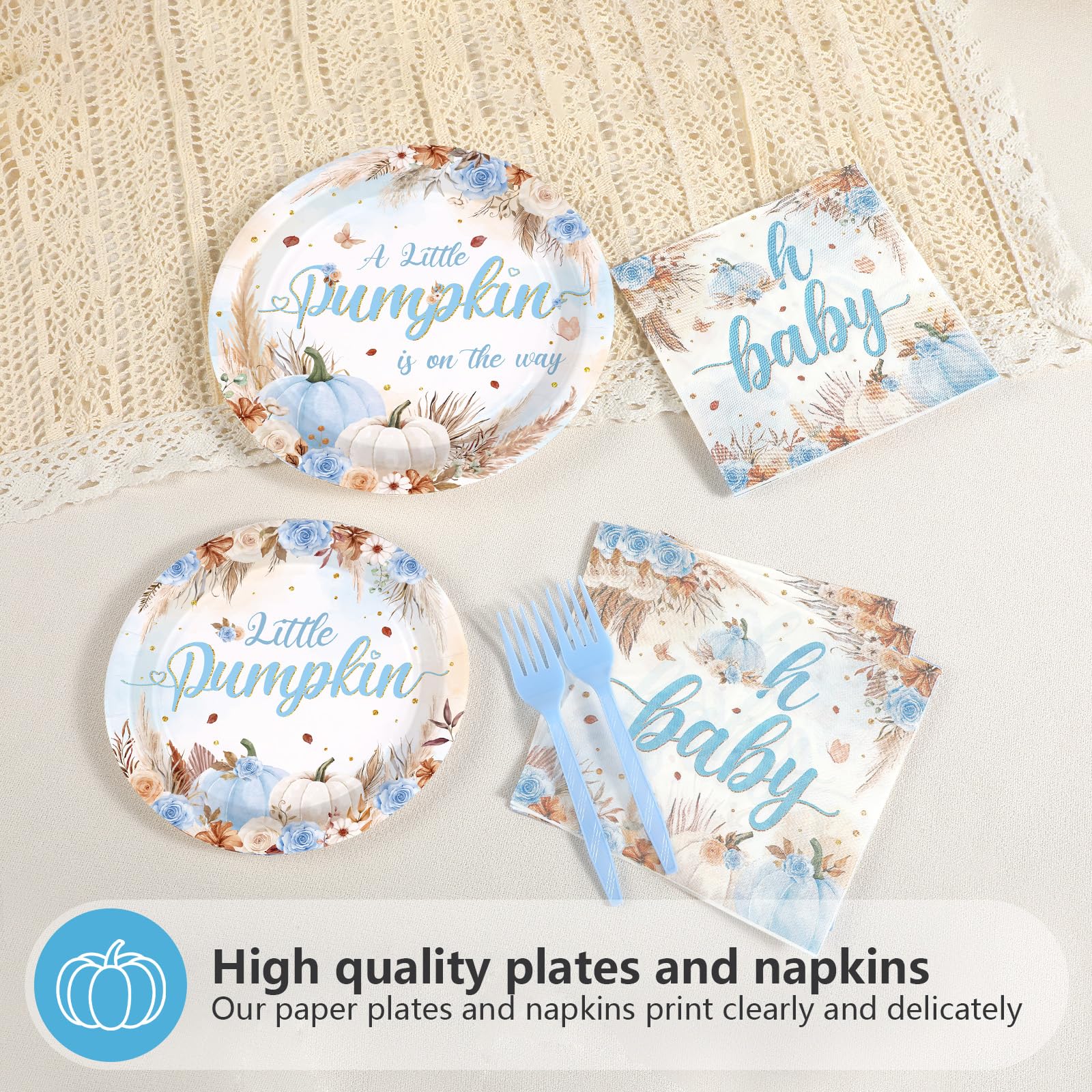 200Pcs Fall Little Pumpkin Baby Shower Decorations Blue Pumpkin Plates and Napkins A Little Pumpkin is on The Way Boho Floral Tableware Set for Boy Baby Shower Fall Thanksgiving Party Supplies Serve50