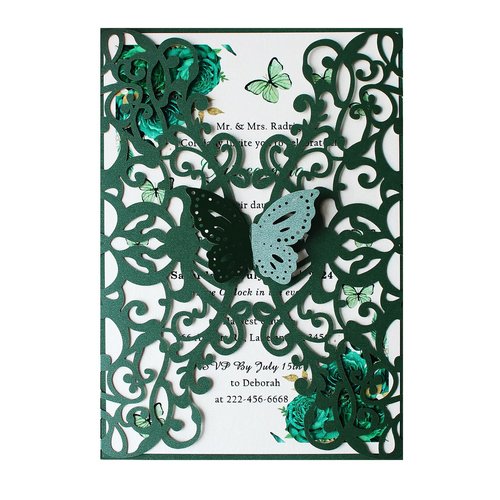 KUCHYNEE 50PCS Emerald Green Laser Cut Quinceanera Invitations kit, 5.1 x7.3 Inch Hollow Floral Butterfly Pocket Invitation for Quincenera Wedding Invite (Blank)