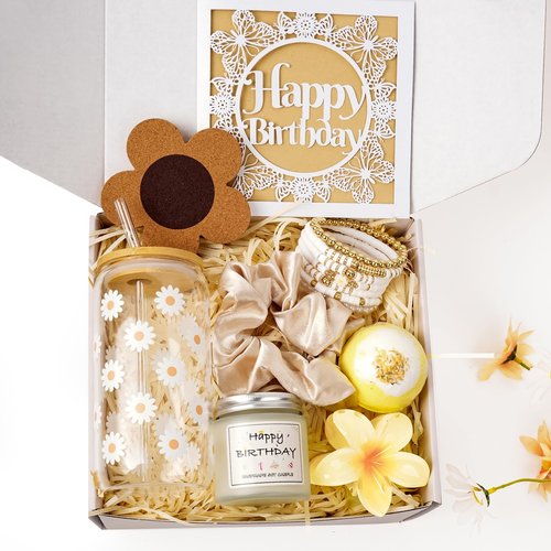 Ndahjahd Birthday Gifts for Teen Girls Women,Teenage Girls Basket Gift Sets for Teen Girls,Happy Birthday Box for Teenage Daisy Glass Cup Set for Girls Friend, Daughter, Niece, Granddaughter