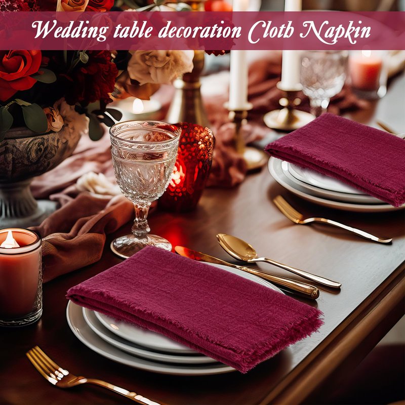 Buryeah 48 Pcs Cotton Linen Cloth Napkins with Fringe 16.5 x 16.5 Inch Square Rustic Dinner Linen Napkins Bulk for Wedding Party Banquet Dinner (Wine Red)