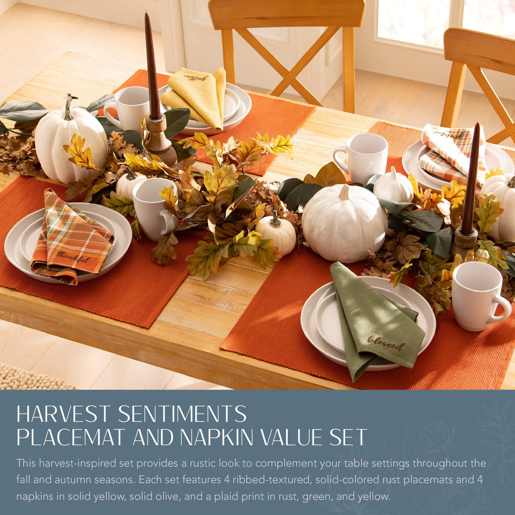 Elrene Home Fashions Harvest Sentiments Value Set, 4 Cloth Napkins and 4 Ribbed Placemats, Large, Multicolor, 8 Pieces