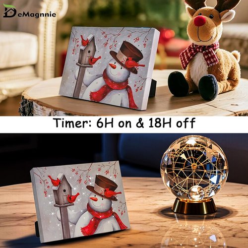 Demaggnie Lighted Snowman Canvas Picture with Timer - 6x8 Inches Twinkling Holiday Decor