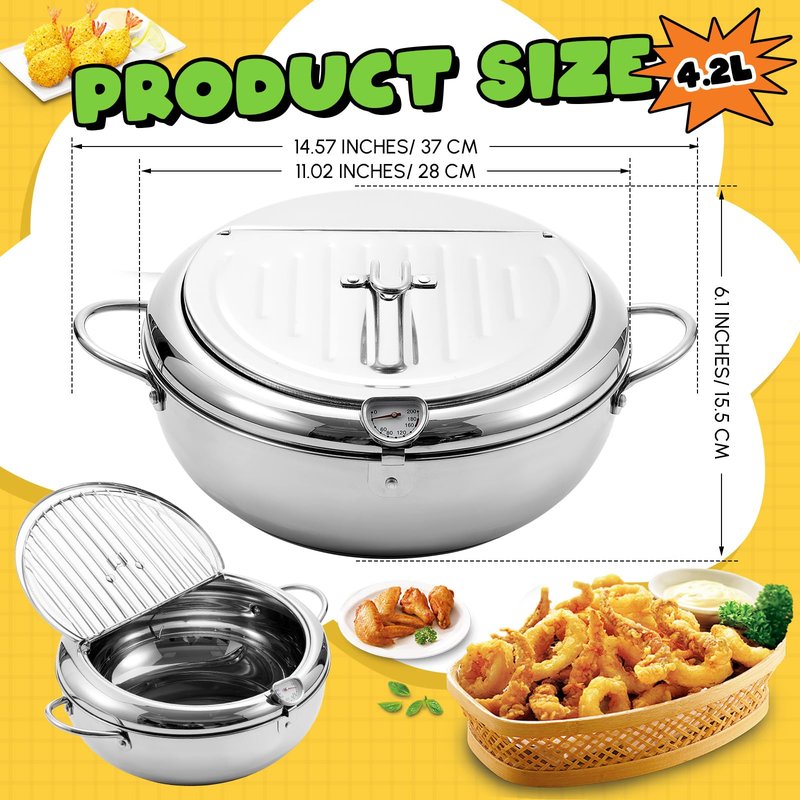 Reallnaive 3.6 Qt (3.4 L) Deep Fryer Pot 304 Stainless Steel Tempura Frying Pot with Lid and Oil Drain Rack Japanese Deep Fryer Pan with Temperature Control for Kitchen French Fries, Chicken