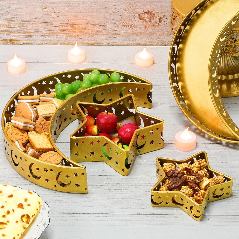 Seeloowy 4 Pcs Eid Mubarak Trays Decor Ramadan Moon Serving Trays Star Islam Muslim Food Serving Tray Iron Tray Decorations for Ramadan Islam Party Dessert Pastry Display Holder Decoration