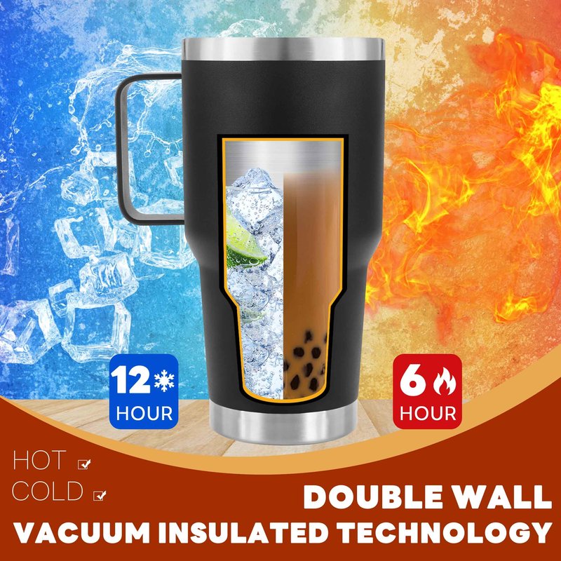 DYNAMIC SE 30 oz Tumbler With Handle, Double Wall Stainless Steel Vacuum Insulated Travel Mug with Splash-Proof Lid Metal Straw and Brush (Black)