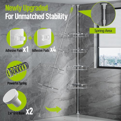 LAMU Shower Caddy - Stainless Steel Corner Tension Pole Organizer with Adjustable 4-Tier Baskets | Fits Heights 37.8-124 in