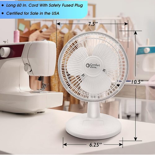 Comfort Zone CZ6D 6" Quiet Portable Desk Fan - 2-Speed with Adjustable Tilt | White Color