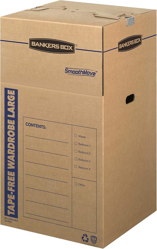Bankers Box Tall Wardrobe Box - Tape-Free Design, 3 Pack, 24" x 24" x 40" for Easy Storage