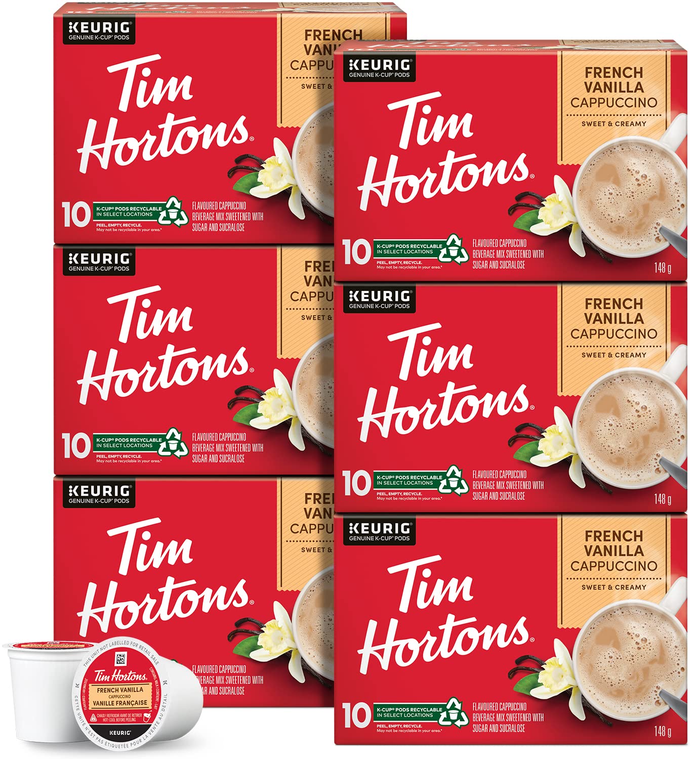 Tim Hortons French Vanilla Cappuccino Flavoured Coffee, Single Serve Keurig K-Cup Pods, 60 Count