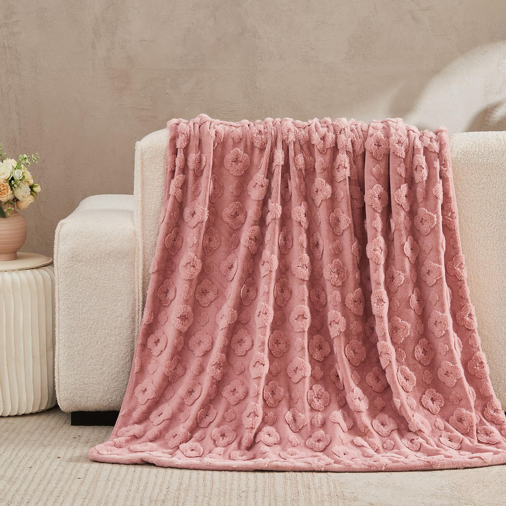 Lotus Karen Faux Fur Throw Blanket Soft Jacquard Fluffy Fuzzy Furry Plush Pink Throw Blankets for Sofa Couch Chair Camping Travel Lightweight Bed Blanekt