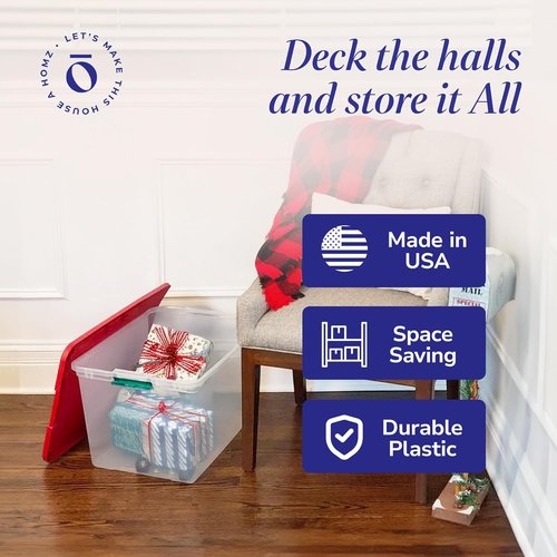 HOMZ Clear Plastic Storage Organizer Bins - 64 Quart Stackable Containers with Secure Latch & Red Lid