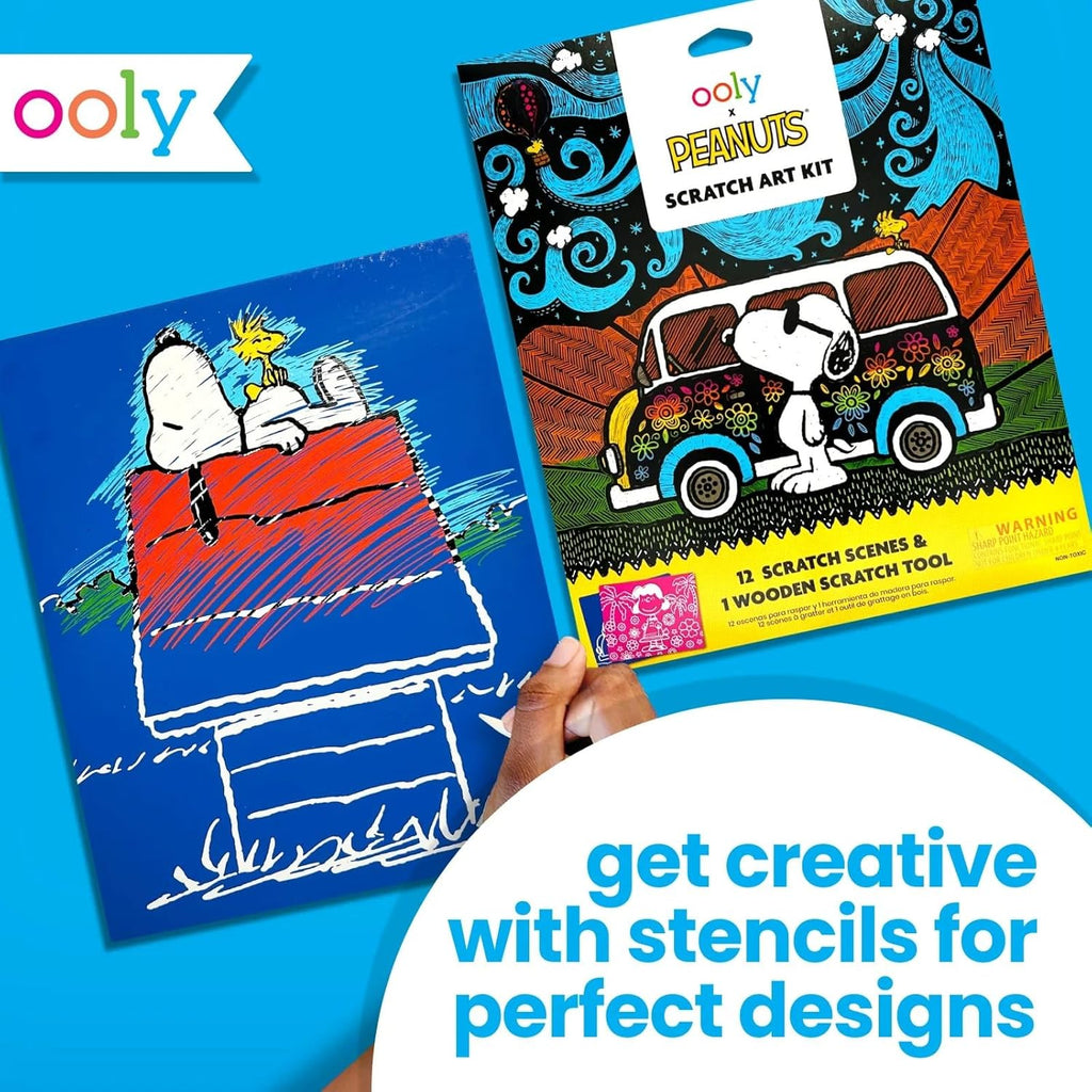 Ooly X Peanuts Scratch Art Kit - 12 Cards with Snoopy & Friends | Travel-Friendly Craft Set for Kids