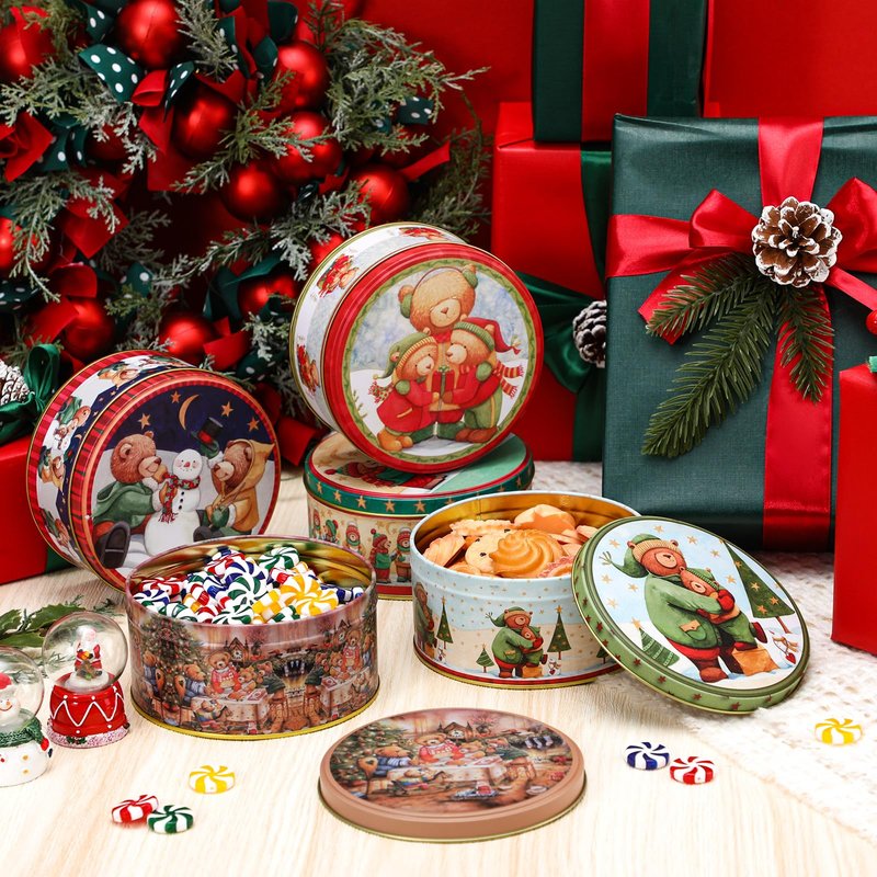 Yaomiao 12 Pack Christmas Cookie Tins with Lids for Gift Giving Small Xmas Tin Containers Round Metal Christmas Tins Empty Cookie Jar for Gift Giving Holiday Party Favors (Lovely Style)