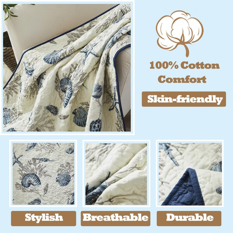 Brandream Blue Nautical Seashell Quilt Cotton Quilted Throw Blanket for Bed Couch Daybed 47 X 60 Inch Decorative Blankets
