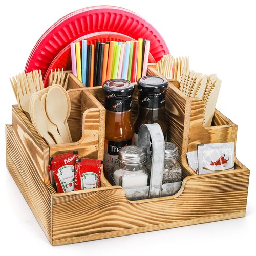 ZAVOOS Paper Plate Dispenser, Wood Rustic Utensil Holder Silverware Caddy for Cups Spoons Forks Napkins, Cutlery Flatware Organizer with 9 Compartments for Party, Kitchen Countertop, Camping, Buffet