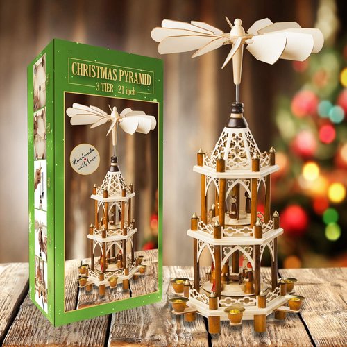 German Christmas Decoration Pyramid - 21-Inch Wooden Nativity Scene - 3-Tier Carousel with 6 Candle Holders | Holiday Tabletop Decor
