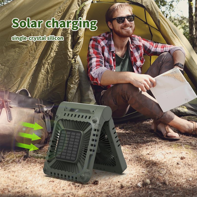 COLONOST Triple-Power Solar Camping Fan 10000mAh Portable Fan/LED Lantern, 3-Speed Settings with Solar Charging & Timer & Bracket - Compact Cooling for Outdoor/Tent/Workspaces (Green)