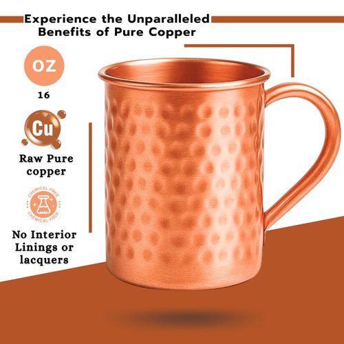 BLIXIFY Moscow Mule Copper Mugs (16oz) | 100% Pure Food Grade Copper Cups | Handcrafted 16oz W/lacquered Hammered Finish | Smooth Rounded Lip, Strong Handle, Unlined Interior