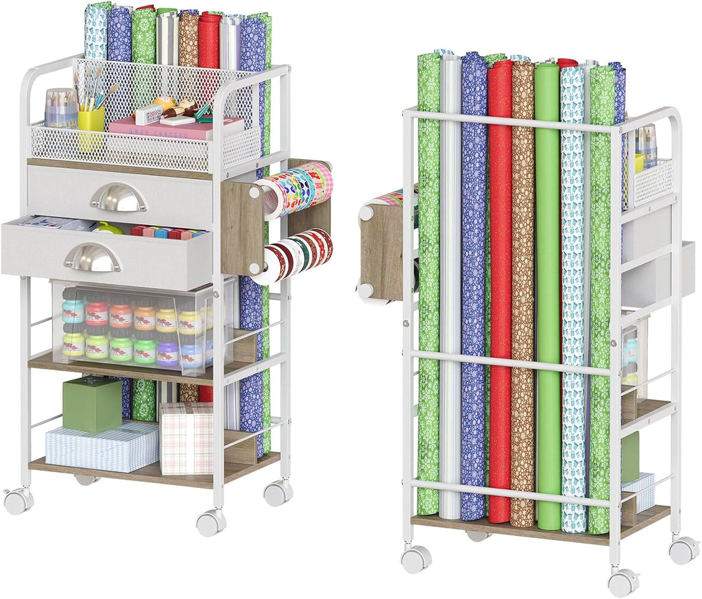 Rolling Craft Storage Cart - Multi-Tier Organizer with Lockable Wheels & 2 Fabric Drawers | 16.54x11.4x32.68 Inches