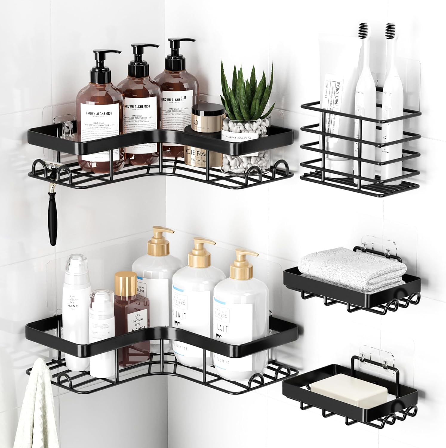 Sakugi Corner Shower Caddy - Rustproof Metal Organizer with Soap & Toothbrush Holder | Large, Black