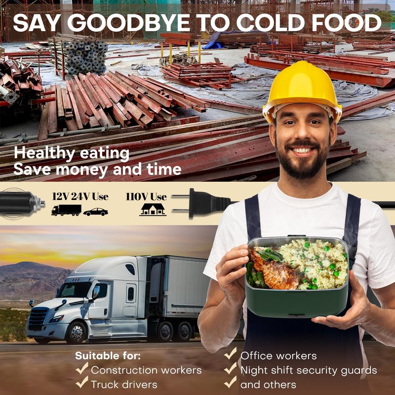 Sitlais Electric Heated Lunch Box for Men - Portable Food Warmer for Car Truck 90 W Self Heating Lunch Box for Adults Food Heater for Work Travel Camping lonchera