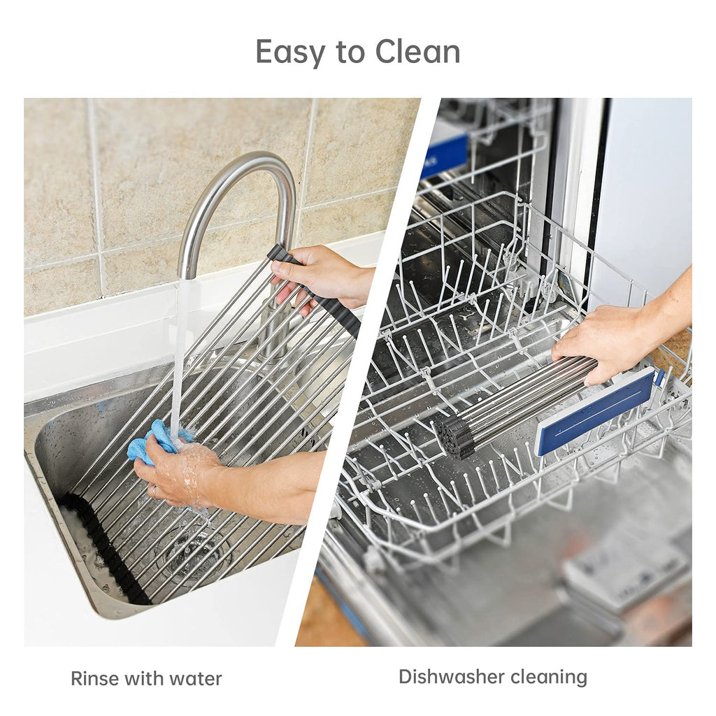 ARAINY Large Telescopic Drain Rack Roll Up Rack Heat-Resistant Dish Drainer Kitchen Sink Rack Over The Sink Dish Drying Rack Stainless Steel Dish Rack (18 Tube 21.25''x12.79'')