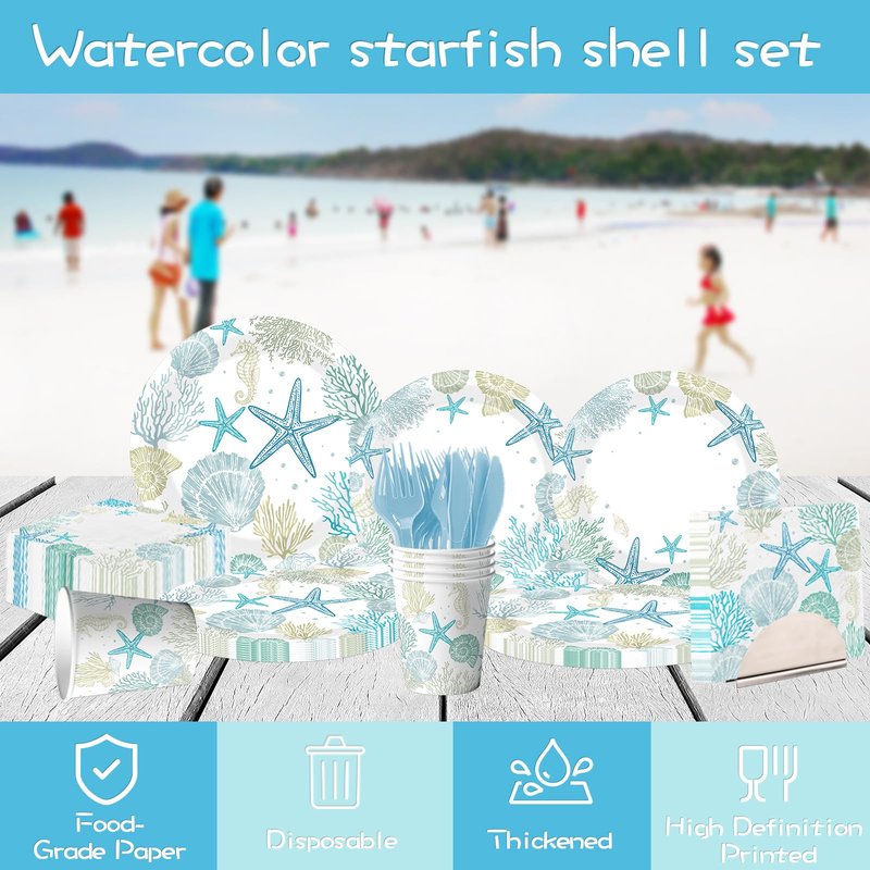 Ocean Seashell Beach Plates and Napkin Coastal Beach Party Supplies Blue Starfish Seashell Coral Themed Disposable Tableware Cups Forks for Kids Summer Birthday Party Decorations, Serves 24