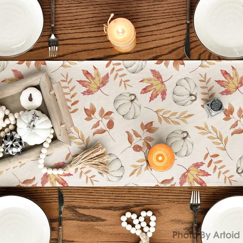 Artoid Mode Orange Pumpkins Fall Maple Leaves Fall Table Runner, Seasonal Autumn Kitchen Dining Table Decoration for Home Party Decor 13x120 Inch