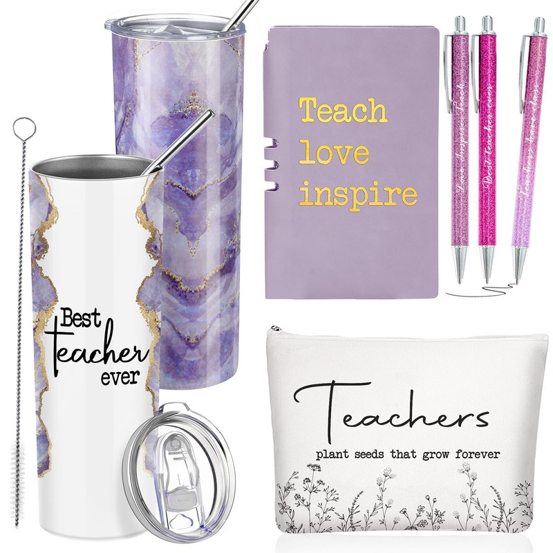 Domensi 6 Pcs Teacher Appreciation Gift Set for Women Staff 20 oz Marble Sign Tumbler Inspirational Ballpoint Pen Notebooks with Makeup Bag Teacher Thank You Gifts(Purple)