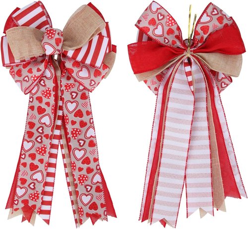 Meseey Valentine's Day Tree Topper Bow - Red Heart Print Burlap Bow for Home Decor | Indoor/Outdoor Use